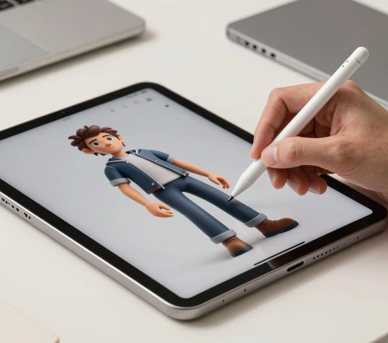 A detail shot of a high-end digital tablet in a clean North American / US creative workspace, showing a stylus touching a detailed 3D character design. The surrounding area is minimalist with off-white and slate gray accents.
