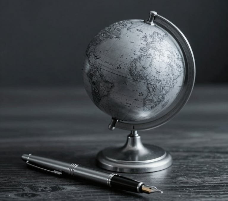 A professional, minimalist still life featuring a precision-crafted metallic globe and a fountain pen on a dark wood surface. The lighting creates elegant highlights in #F5F8FA, with deep shadows in #1A2C38. The image symbolizes global reach and authoritative authorship.
