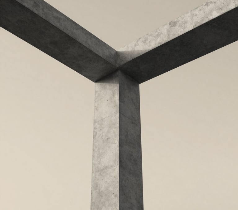 A low-angle shot of a minimalist concrete column reaching toward a pale, soft-sand-colored sky. The image captures the intersection of matter and space with clean #333333 edges.