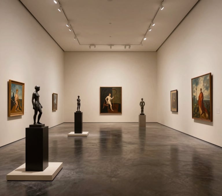 A minimalist art gallery interior in an International / Global Art Scene urban center. The space is filled with sculptures and paintings, with polished dark charcoal floors and warm cream beige walls.