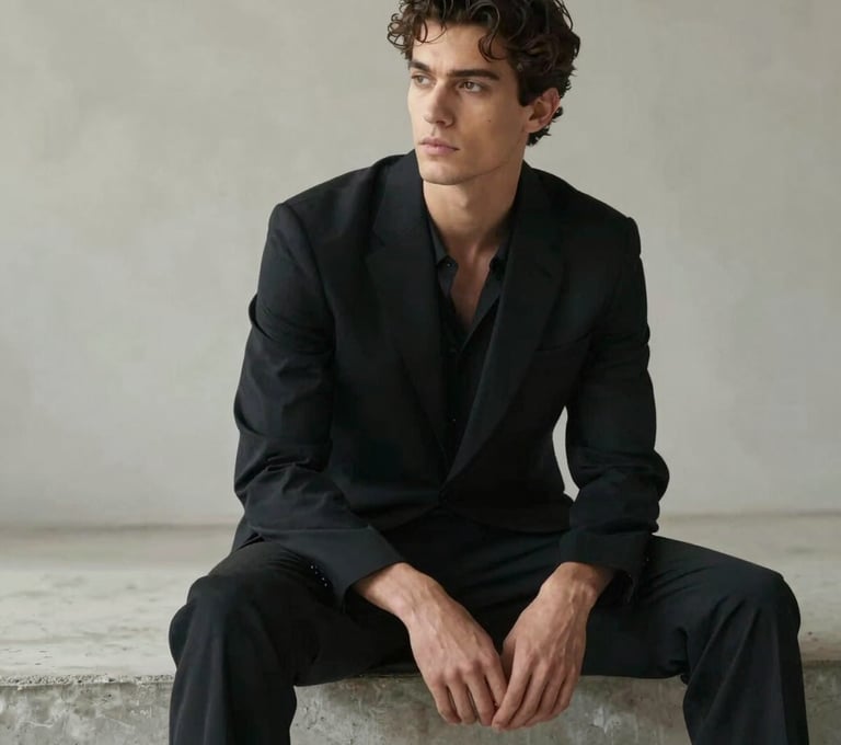 A mid-shot of a model sitting on a concrete ledge, looking away from the camera. The style is cinematic and high-fashion, with a color palette of deep black and soft off-white highlights.
