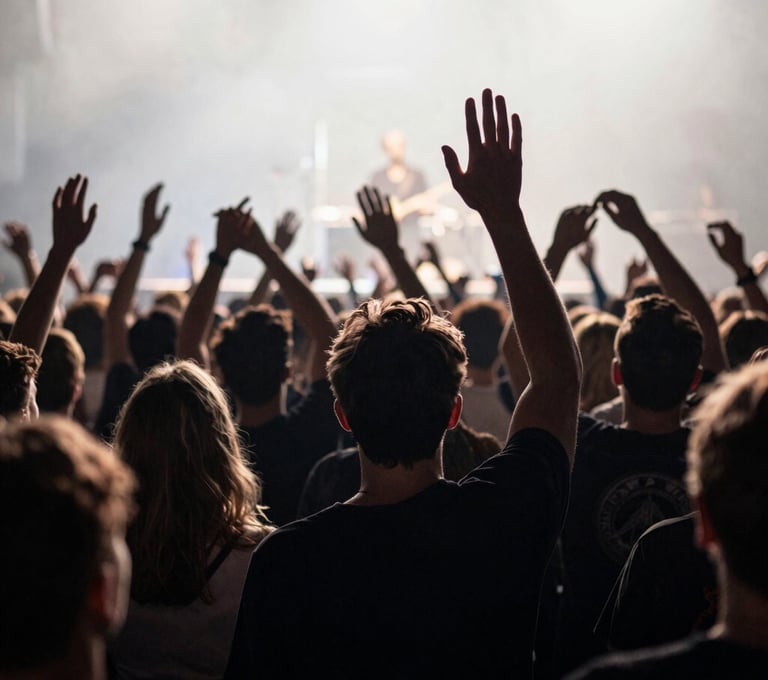 An atmospheric shot from the back of a concert crowd, showing blurred silhouettes of fans with hands raised toward a stage lit in cool off-white and charcoal tones. Capturing the collective emotion of live music in a Western European / Dutch setting.