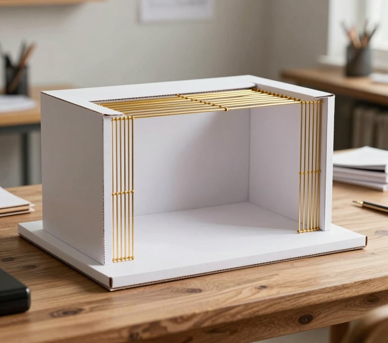 An architectural model for a stage design, meticulously crafted from white cardboard and gold wire, sitting on a designer's wooden desk in a bright studio, Western European / French creative workspace.