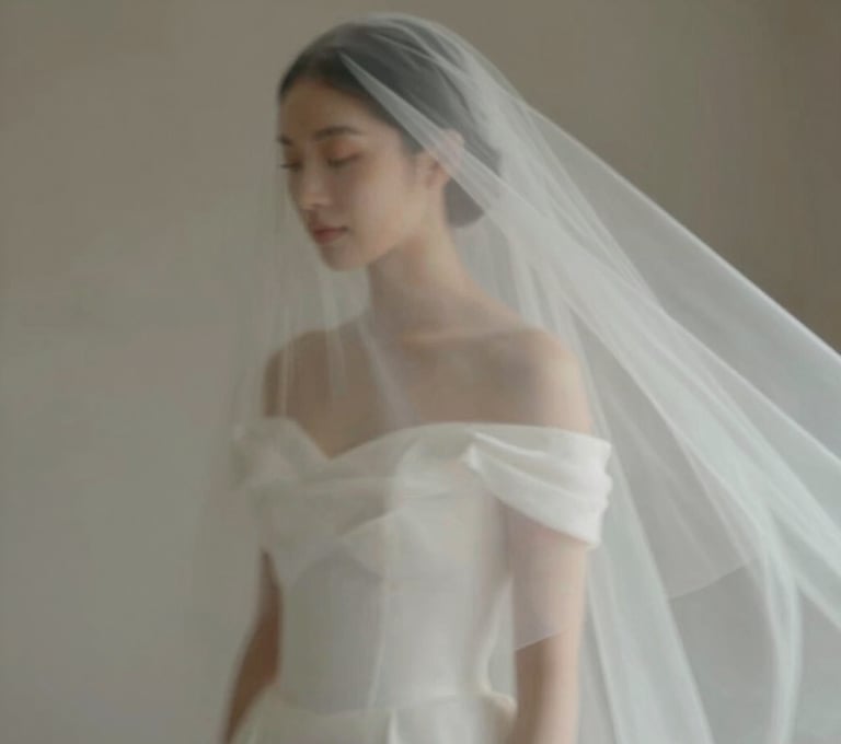 An artistic videography still showing a bride's veil flowing in the wind. The motion blur creates a sense of authentic storytelling, featuring soft tones of #CFC7BB and a professional, artistic flair.