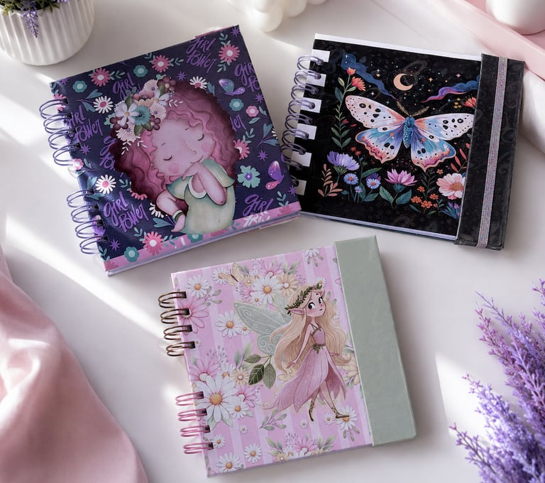 Collection of colorful spiral notebooks featuring whimsical fairy, moth, and girl power designs.