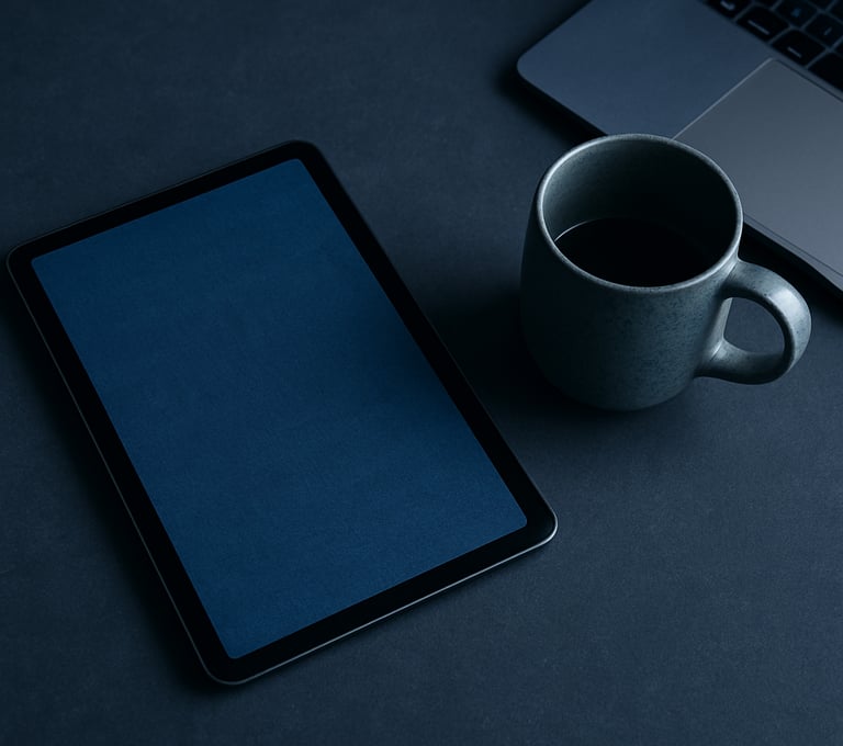 A top-down flat lay of a minimalist workspace in a South American / Brazilian home office. A high-end tablet displays a book cover, positioned next to a ceramic cup. The palette is dominated by dark blue and steel blue.