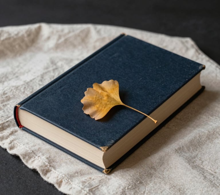 A still life photograph of a heavy hardcover book resting on a soft cream linen cloth. A single dried ginkgo leaf in antique gold serves as a bookmark. The background is a deep charcoal, creating a moody, literary feel.