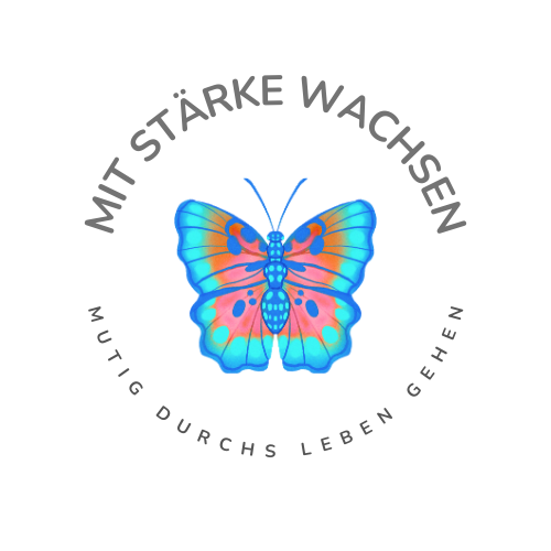 Logo of a butterfly with the German text Mit Stärke Wachsen Mutig Durchs Leben Gehen.