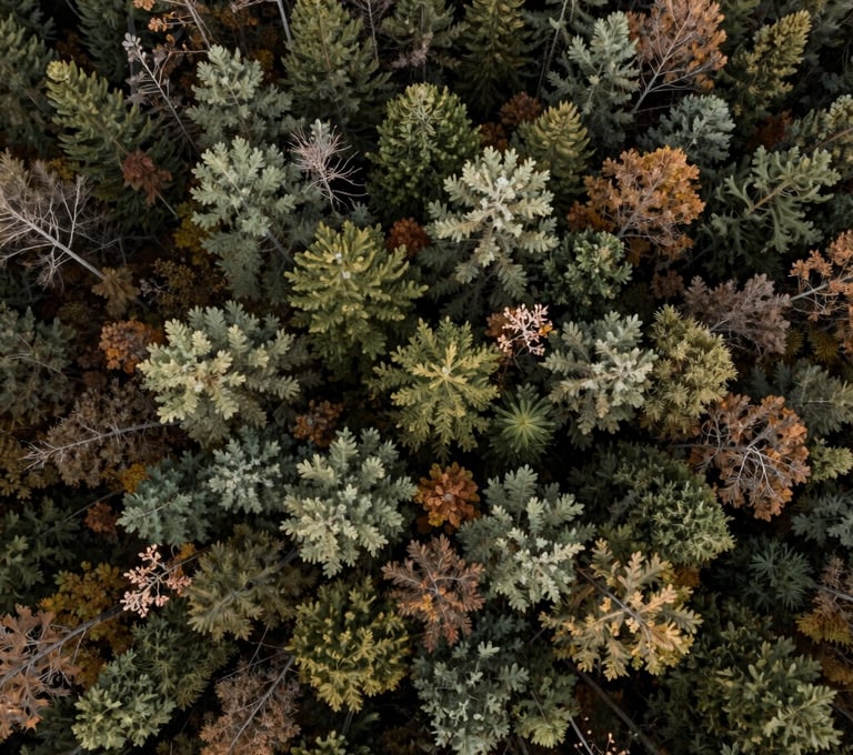 A breathtaking aerial drone photograph of a dense North American forest canopy during the transition to autumn. A mix of forest green, sage, and hints of earth brown foliage. The composition is a flat-lay perspective from high above, creating a natural pattern.