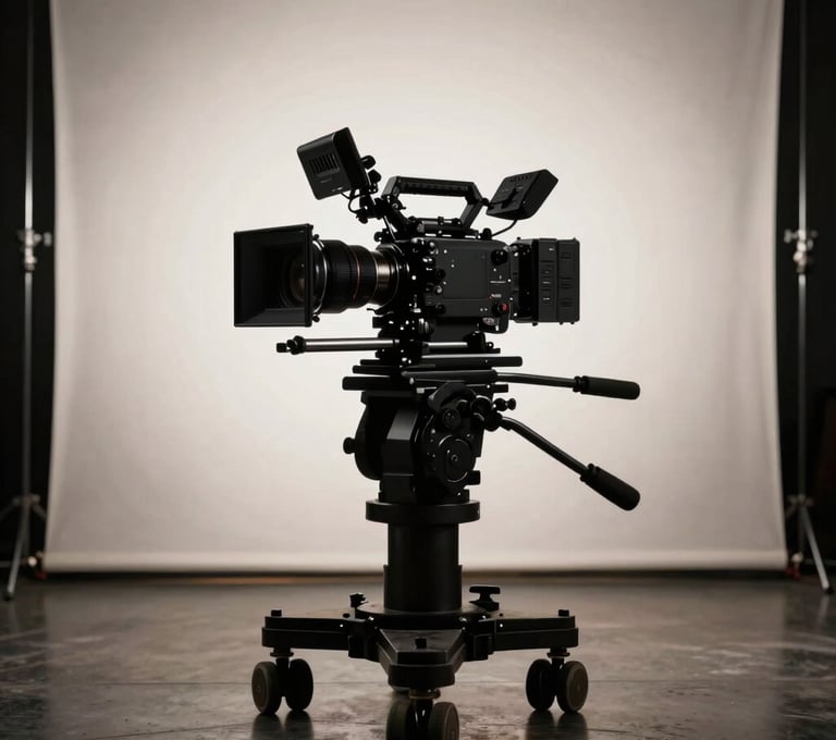 A dramatic still from a film set in a North American / US location. A high-end cinema camera is positioned on a dolly, framed in a dark, polished studio setting with off-white spotlighting creating sharp silhouettes.