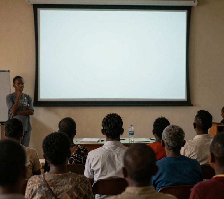 An emotional scene in an Angolana community center where people are watching a documentary, their faces lit by the soft off-white glow of the screen, dark charcoal black shadows.