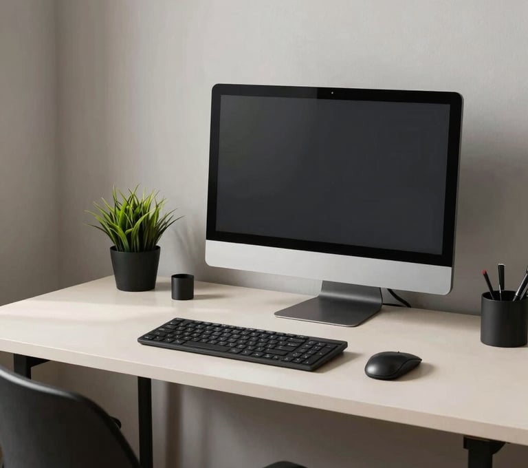An organized and minimalist North American / US home office workspace featuring a sleek computer monitor on a soft off-white desk, with jet black office accessories and a small green plant.