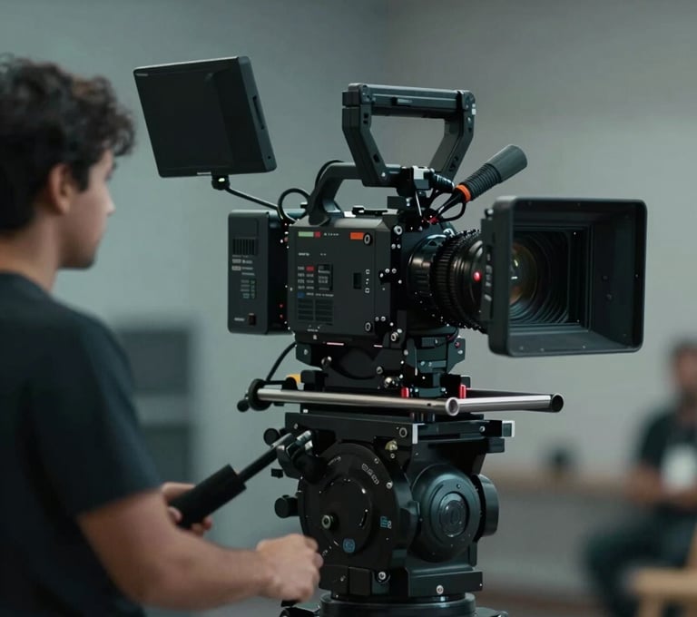 A professional cinema camera on a slider, capturing a scene with shallow depth of field. The lighting is soft and cinematic, with a palette of charcoal and muted teal blue, evoking professional storytelling expertise.