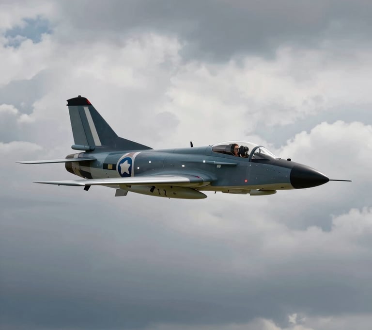 A dynamic air-to-air photograph of a heritage fighter plane soaring through a dramatic cloudy sky. Emphasizes unique beauty and passion. Incorporates #5D6D7E and #F8F8F8 tones.