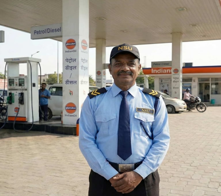 Professional NSU India security guard in a clean, branded uniform at a petrol pump.