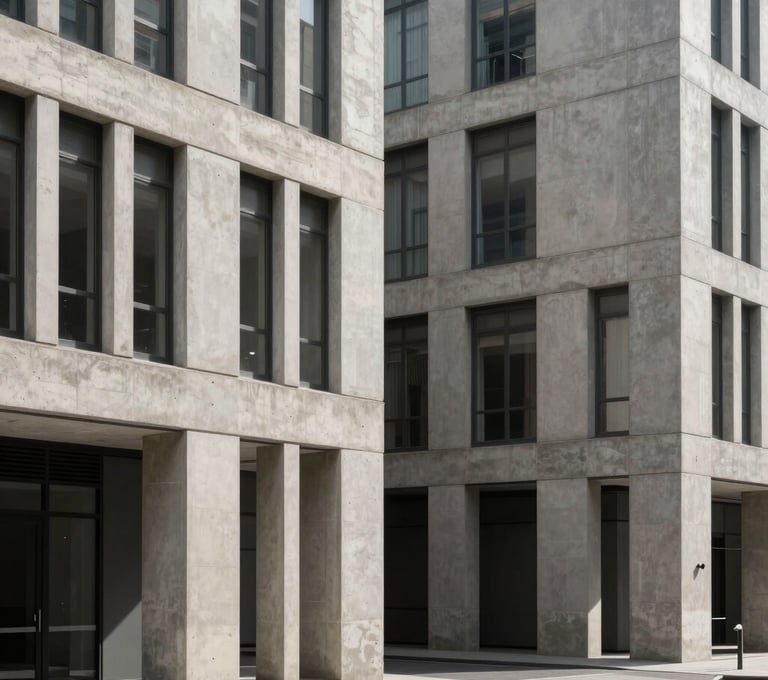 Urban street photography showcasing modern concrete architecture in a Western city, focusing on sharp geometric lines and shadows, muted grey and off-white tones, clean and sophisticated aesthetic.