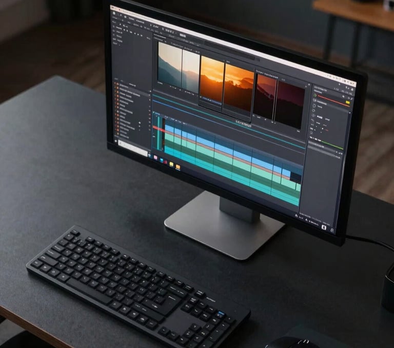 A top-down view of a modern editing suite in a North American setting. A sleek monitor displays film editing software with a warm, inviting glow against a dark charcoal desk.