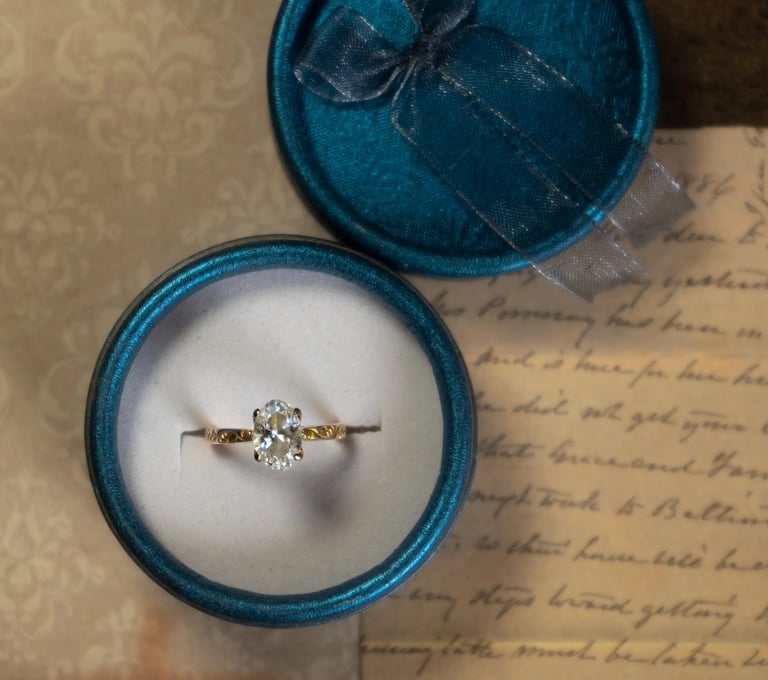Gold engagement ring displayed in an open teal velvet ring box