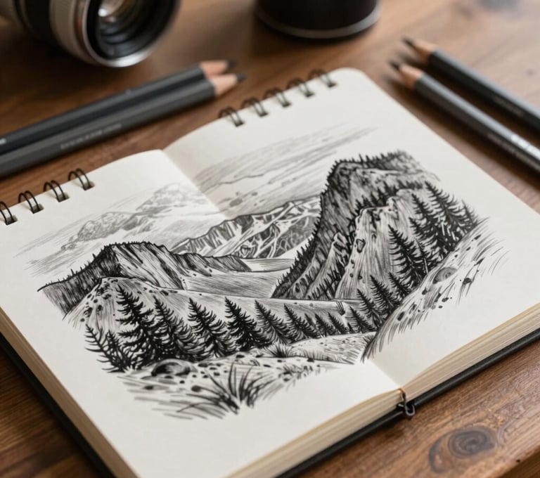 A close-up of a professional artist's sketchbook containing detailed graphite drawings of North American landscapes, lying on a wooden desk next to charcoal pencils.