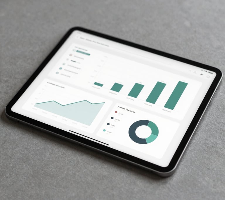 A professional shot of a tablet resting on a textured surface, showcasing a data visualization screen with clean graphs and charts. The colors are muted and sophisticated, focusing on #3F5E5C and #1C2826 to convey clarity and functional elegance.