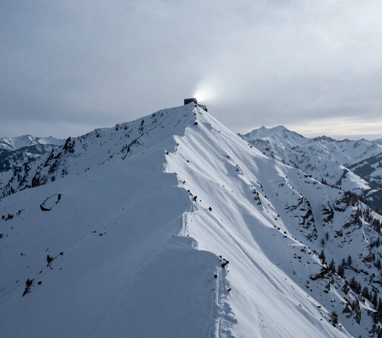 An expansive landscape photograph of a snowy mountain ridge in North America / US under a pale smoke winter sky. In the distance, a small, glowing charcoal black structure is perched on a cliff, casting a soft silver light into the mist.