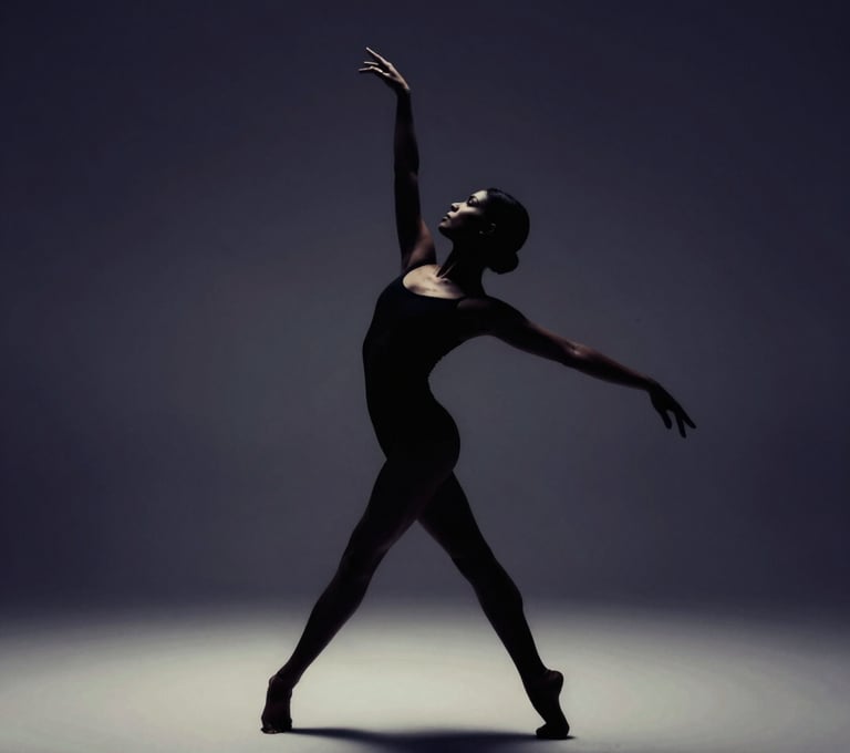 A silhouette of a dancer against a backdrop of deep #1F1E1C and #8F8C8A, focusing on the expression of the body and the geometry of movement. Moody and evocative.