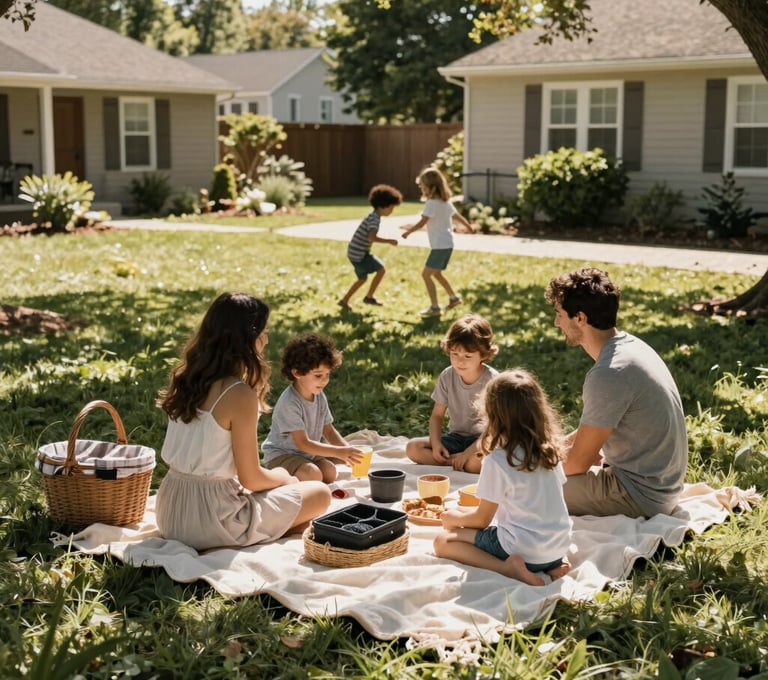 A wide-angle candid shot of a family picnic in a North American / US suburban garden. The composition is cinematic, featuring soft white blankets, charcoal baskets, and children playing in the sun-drenched background.
