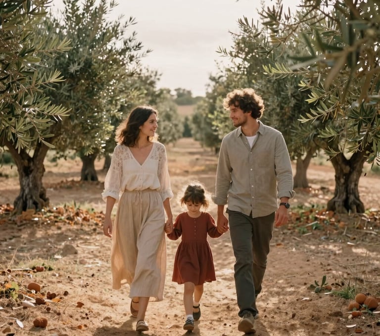 A beautiful natural light lifestyle portrait of a young family walking through an olive grove in Spain. Deep warm colors, sand and terracotta accents, soft sun flare coming from the side, nostalgic and cozy atmosphere, captured on professional 35mm film.