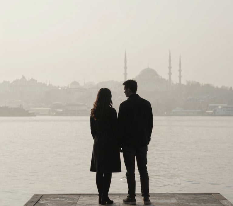 A minimalist photography shot of a couple in a charcoal black silhouette against a foggy soft off-white pier in Istanbul. Serene and luxurious atmosphere, high-end editorial style.