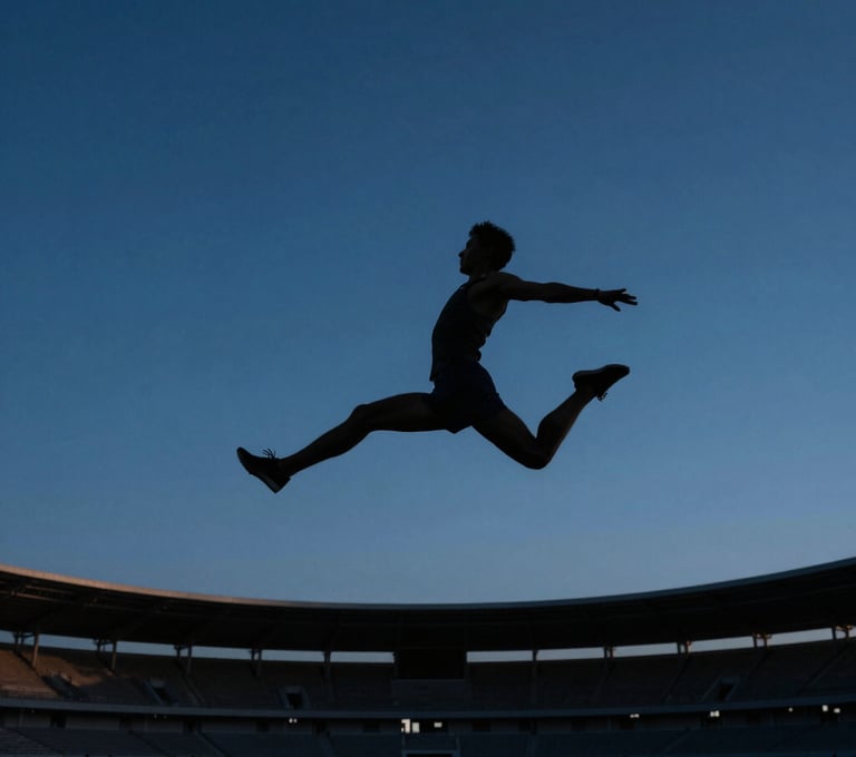 Silhouetted athlete jumping against a deep dark blue evening sky over a Western stadium, minimalist and powerful composition, high energy mood.