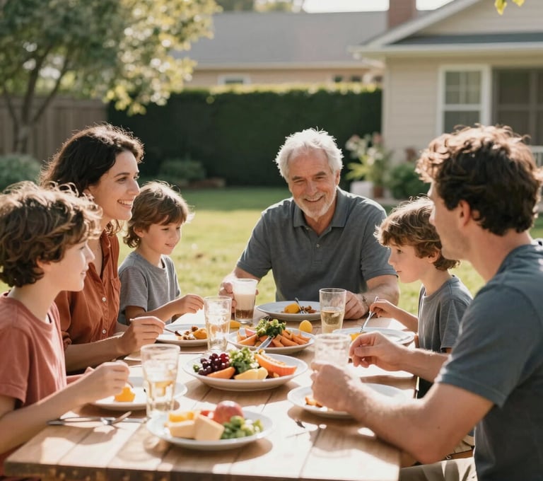 A lifestyle photograph of a family sharing a meal outdoors in a North American US backyard. Sun-drenched environment, candid smiles, soft cinematic focus. Colors of terracotta and charcoal in the decor.