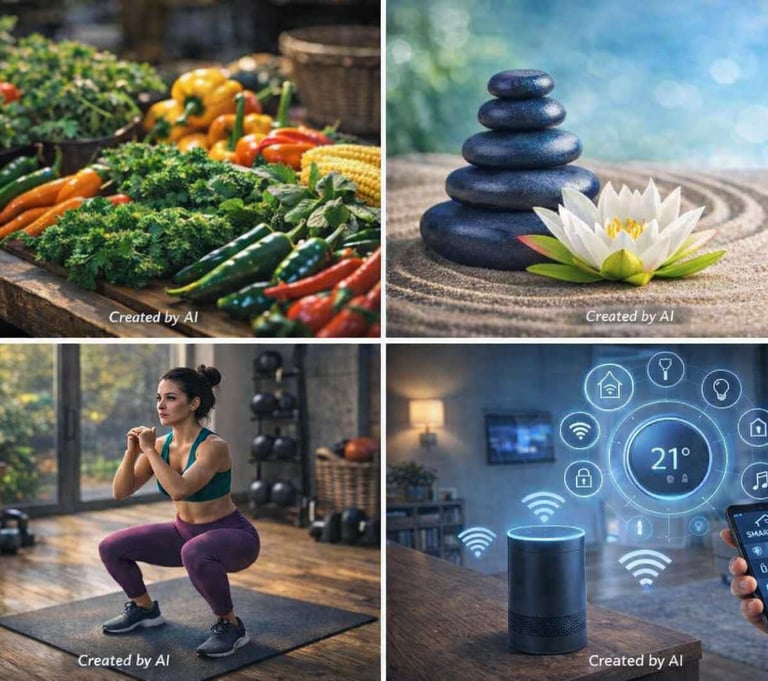 Four-panel collage: fresh vegetables, Zen stones with lotus, home workout squat, and smart home speaker with phone interface