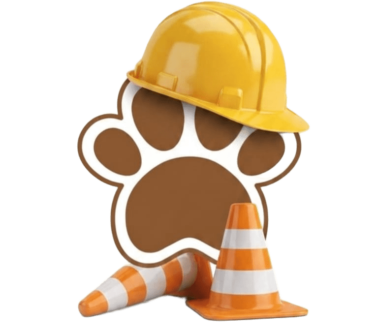 Una huella de pata de animal en 3D con un casco de construcción amarillo y conos de tráfico naranja 