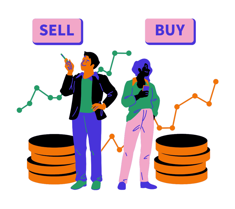 Ghana Korea Traders analyzing stock market trends with buy and sell buttons and coin stacks.