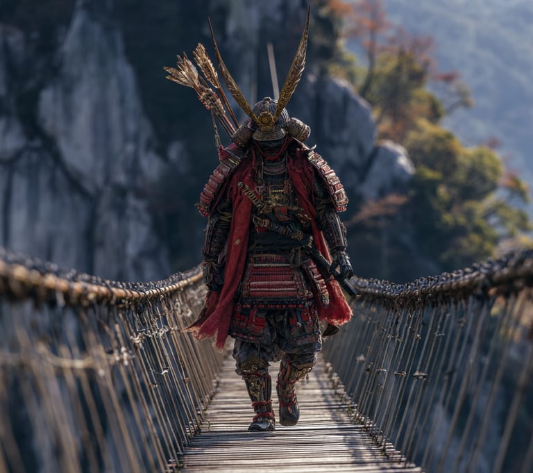 Samurai che cammina su un ponte, in equilibrio.