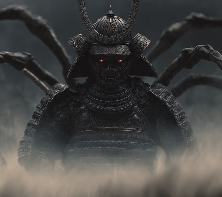 Guerriero samurai con zampe di ragno sulla schiena.