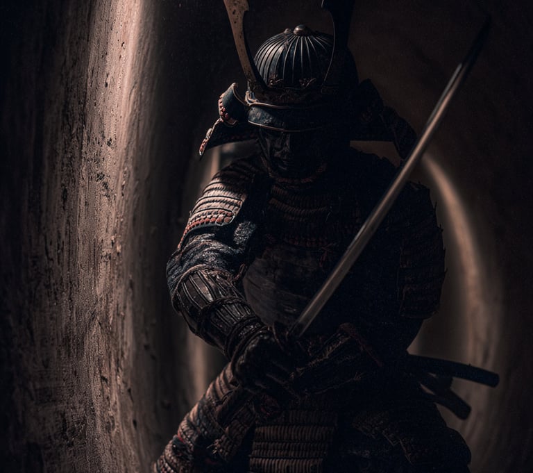 Samurai con un'armatura scura in uno spazio stretto.