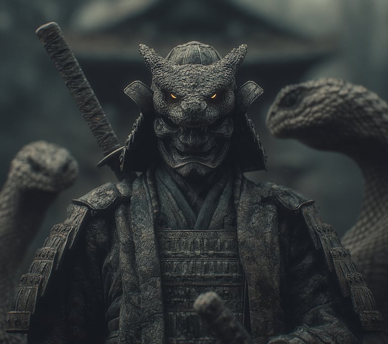 Samurai dall'armatura squamosa, realistico, ricorda un serpente.