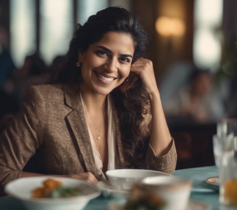 a woman sitting at a table with a cup of coffee