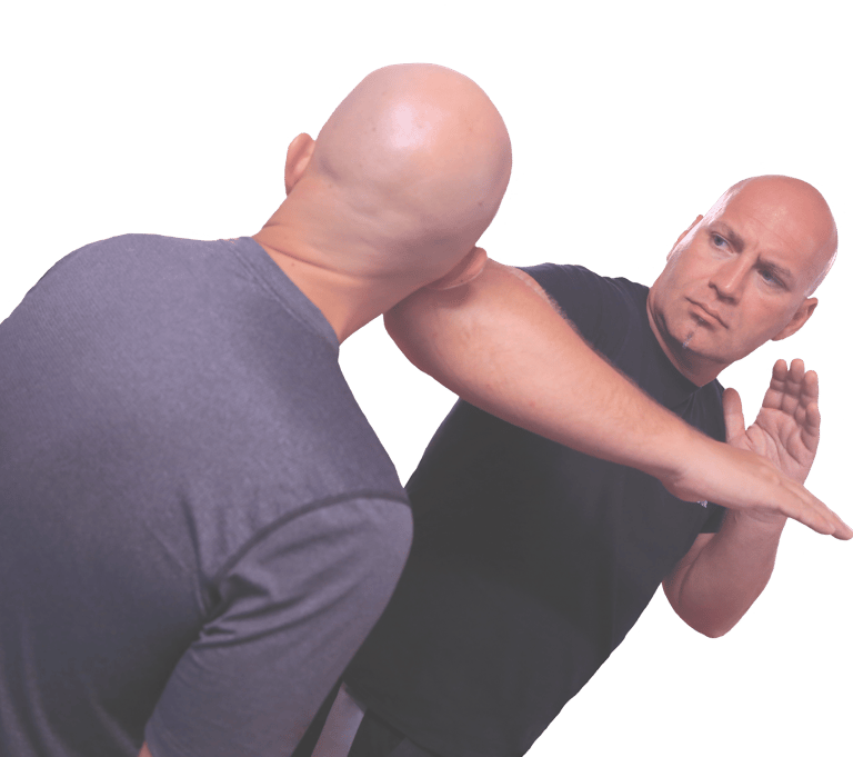 a man in a black shirt is doing a krav maga move