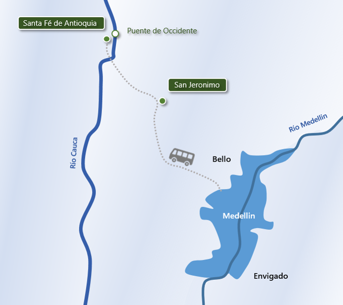 Carte accés Santa Fé de Antioquia depuis Medellin