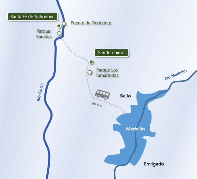 Carte accés Santa Fé de Antioquia depuis Medellin