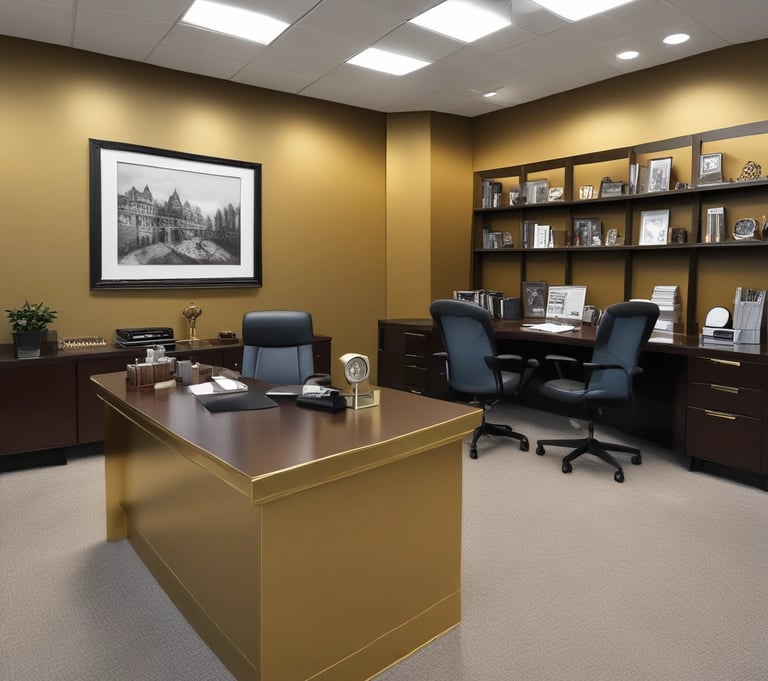 Professional office setting with gold bars and documents on the desk.