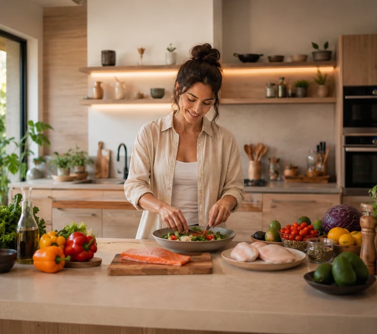 Preparação de refeição saudável com vegetais, salmão e alimentos naturais