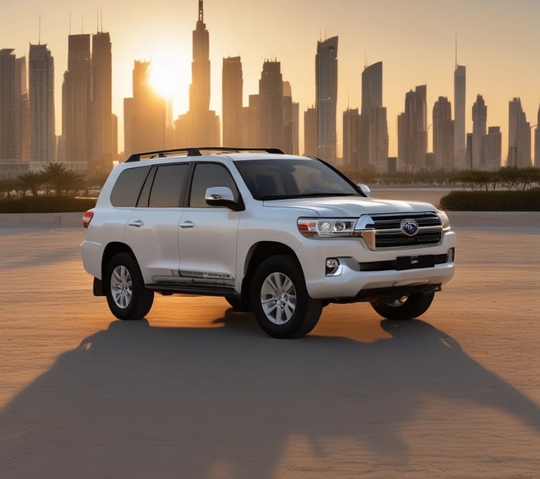 a white suv parked in front of a city skyline