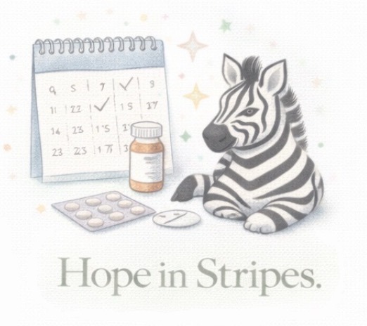 Calendar with pill bottles, pill caps, a zebra laying down, stars, and Hope in Stripes text