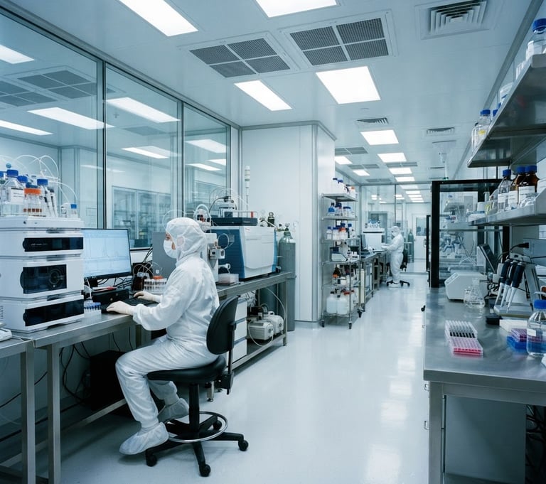 Wide shot of a sterile cleanroom environment with advanced analytical equipment, cool bright lighting, sharp focus, 35mm.