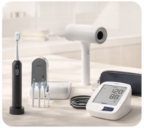 Digital blood pressure monitor, electric toothbrush, and hair dryer for personal health and wellness.