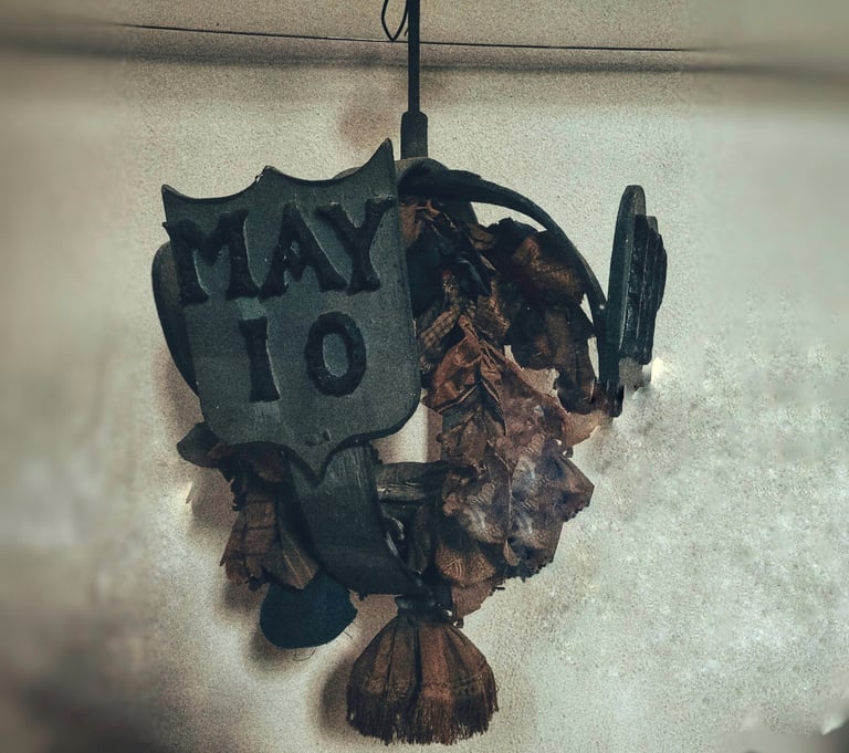 Rustic vintage wall hanging with metal May 10 shield and dried floral wreath decor.