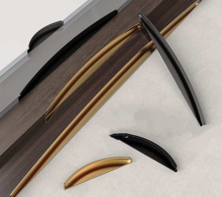 Moon-shaped inset aluminum cabinet handle variants (black, gold, gray) – no-screw installation for kitchen, wardrobe.